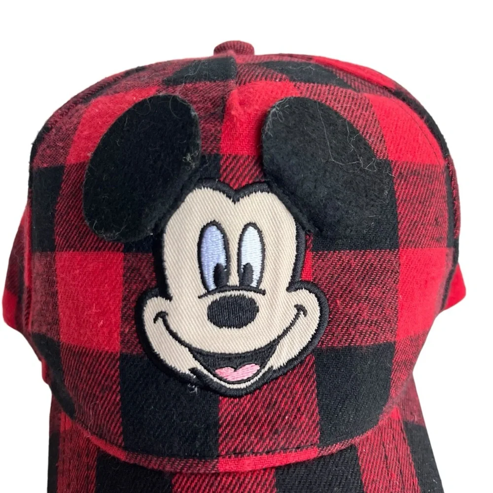 Disney Mickey Mouse Kid One Size Red Black Buffalo Plaid Adjustable Baseball Hat